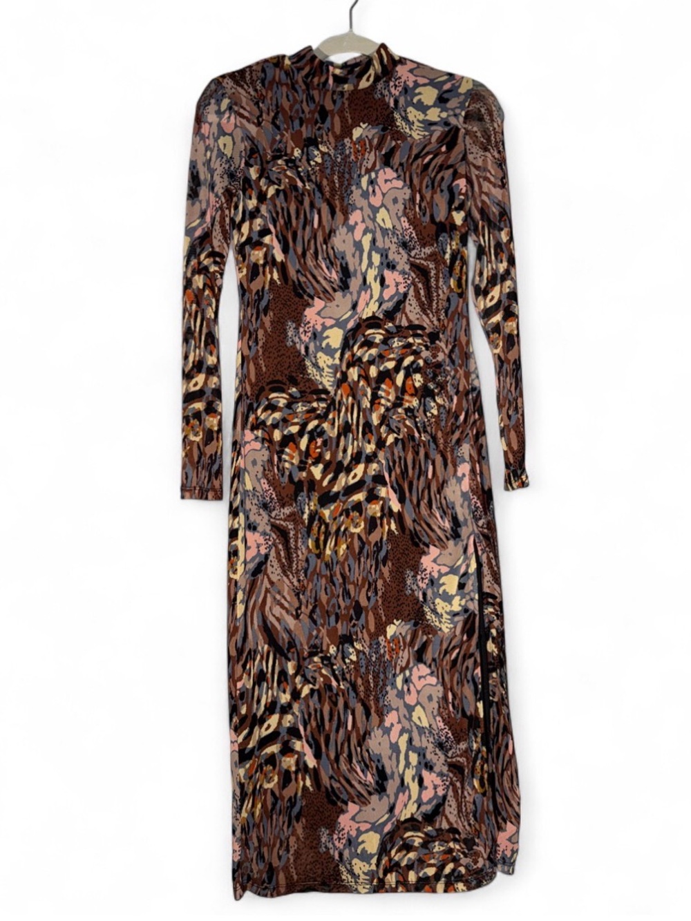 Long Sleeve Abstract Animal Print Midi Dress in Brown
